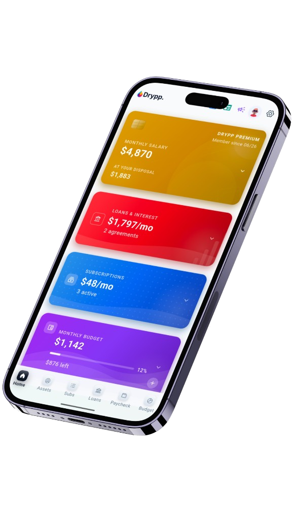 Drypp home screen with subscriptions, loans, income and budget overview