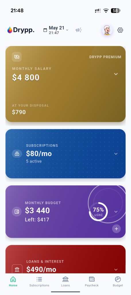 Drypp home screen with monthly financial overview
