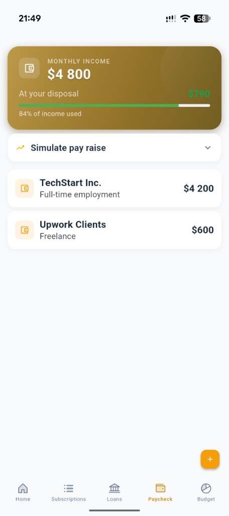 Drypp income overview with monthly salary and amount at your disposal